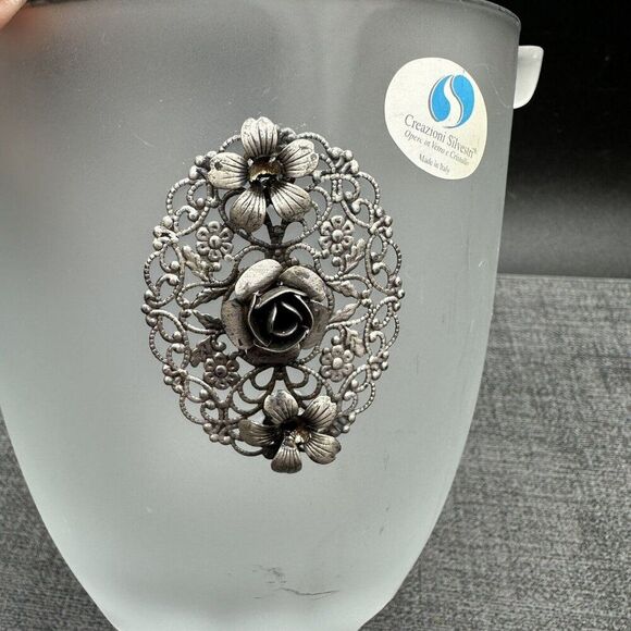 Arte Murano Silvestri Ice Bucket Frosted Glass Metal Rose Pattern Italy Vintage - Picture 3 of 16